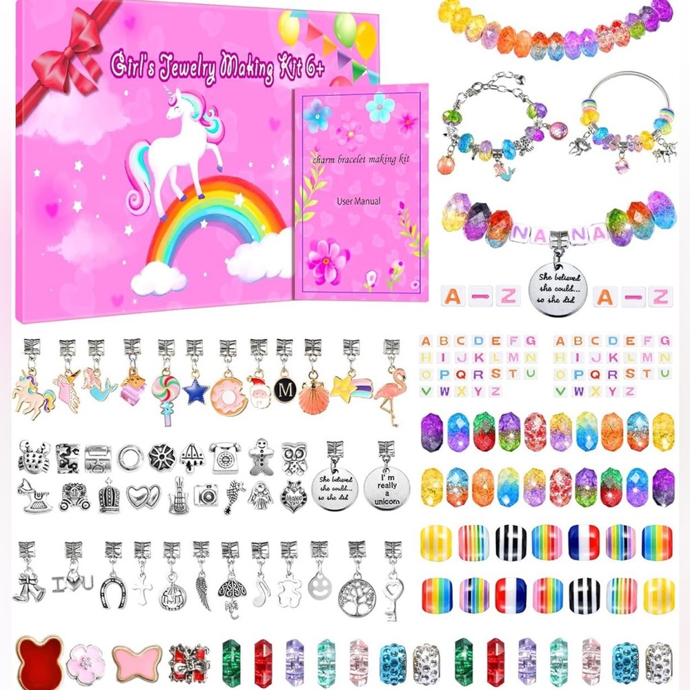 Girls DIY Charm Bracelet Making Kit Unicorn Jewelry Craft Set 166 Pcs NEW